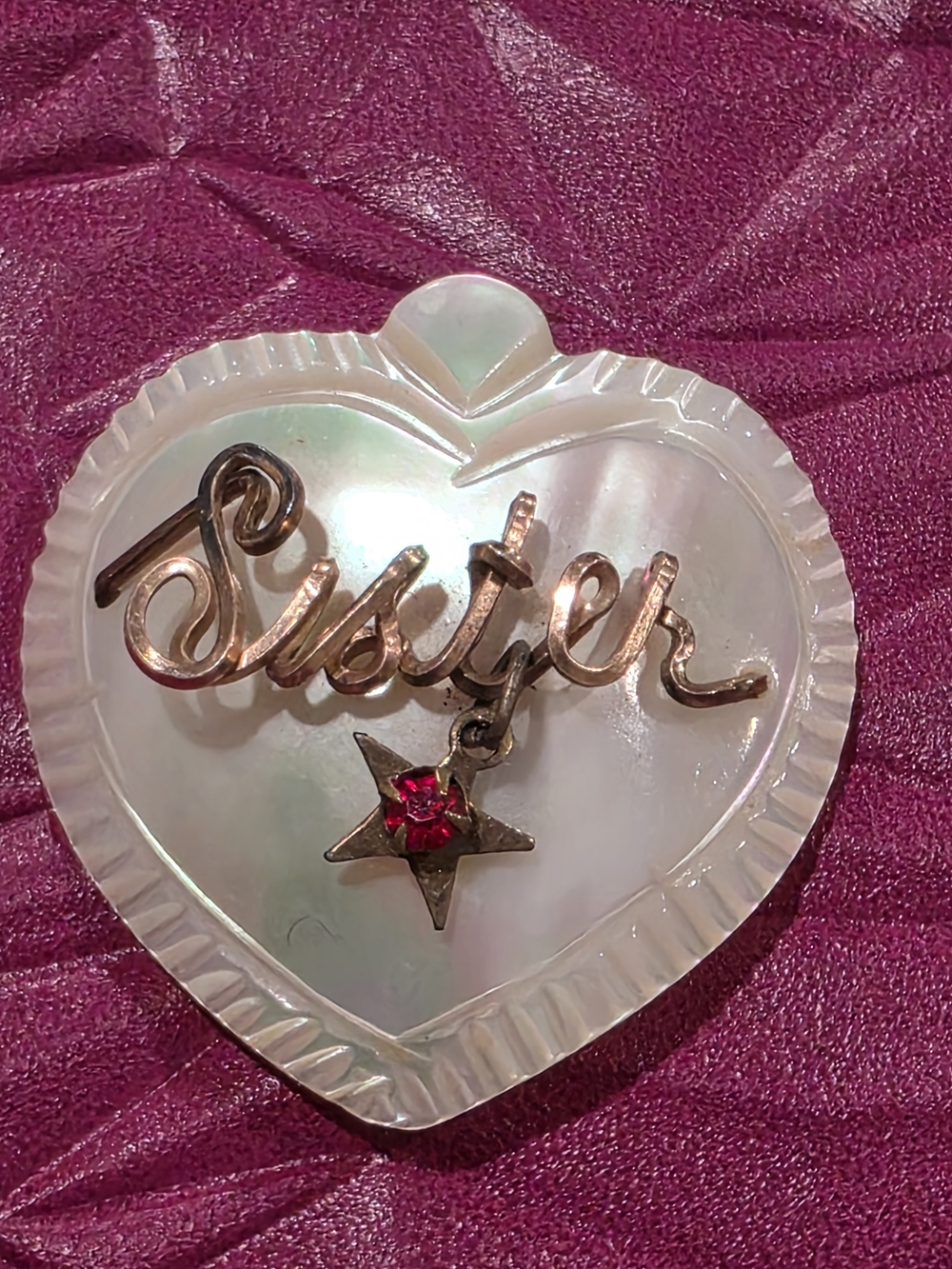 Vintage Mother-of-Pearl Heart 'Sister' Brooch with Red Stone